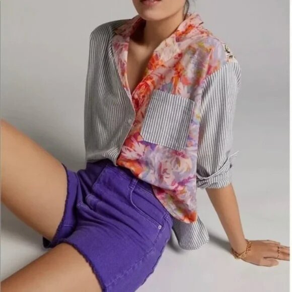 Anthropologie Boho Mixed Floral Stripe Button Front Shirt Relaxed size 0 - Picture 2 of 9